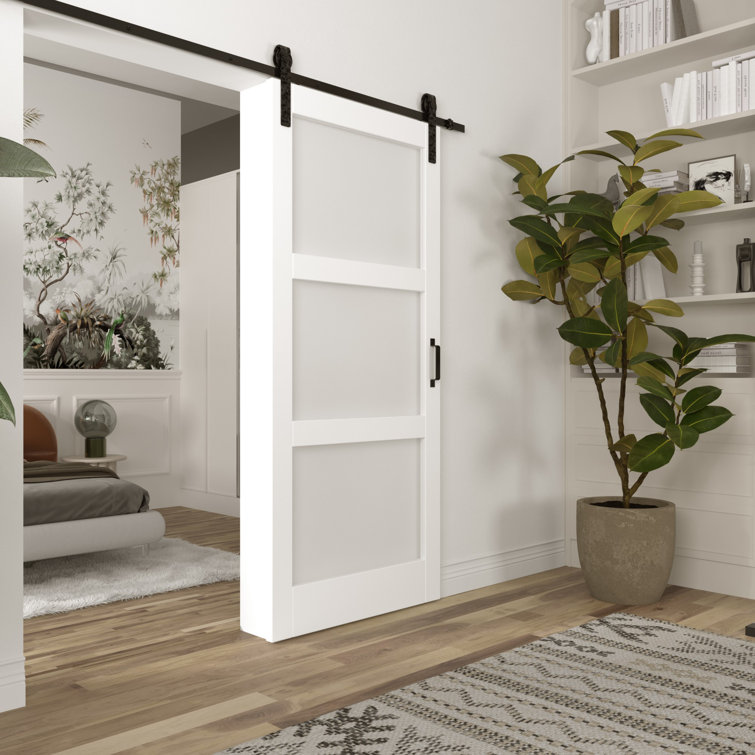 Win Stellar Paneled Wood and Frosted Glass Barn Door with Installation